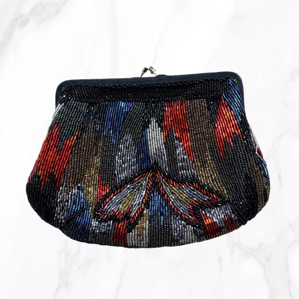 Vintage Palizzio Kiss Lock Multicolor Beaded Evening Clutch